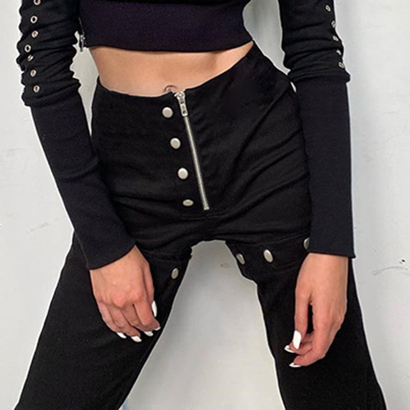

Summer Flare Pants Women Button Detachable Patchwork Fashion Design Gothic High Waist Bellbottoms Black Streetwear Trousers Girl