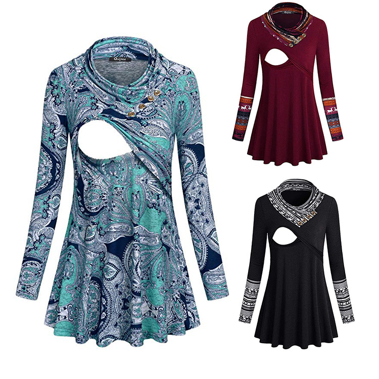 

New Style Contrast Color Printed Buttons Crew Neck Pregnant WOMAN'S Nursing Clothing Tops Women's, Black and white with pattern