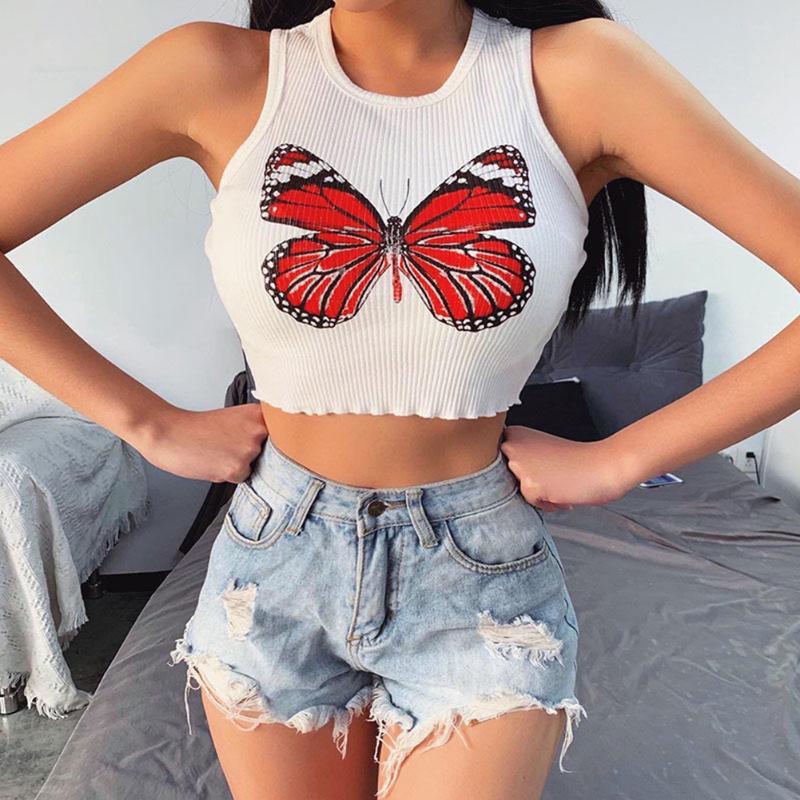 

Women Tank Tops Casual Sexy Butterfly Embroidered Short Slim Sleeveless Tops Summer Vest Tank Halter Crop, White