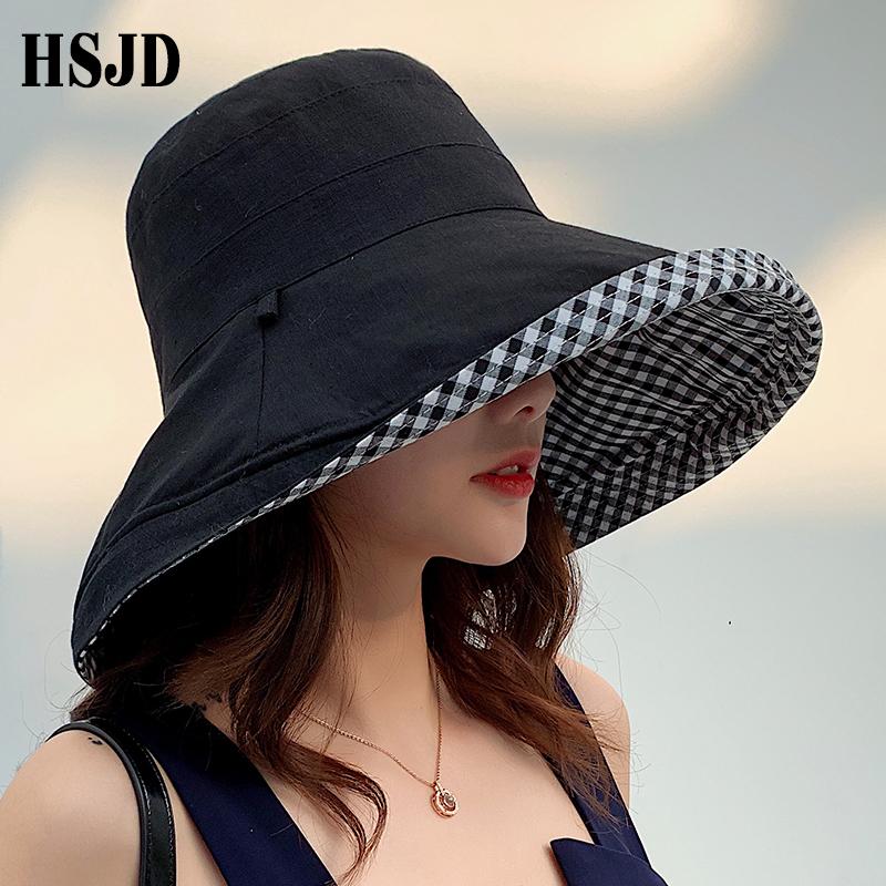 Summer Women Double-Sided Cotton Linen Plaid Sun Hat Elegant Big Wide Brim Foldable Anti-Uv Beach Sun Floppy Hats Flat Caps Bob VwTfu