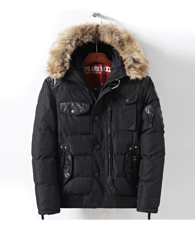 

men thick short padding jacket big fur with pu winter clothing, Black