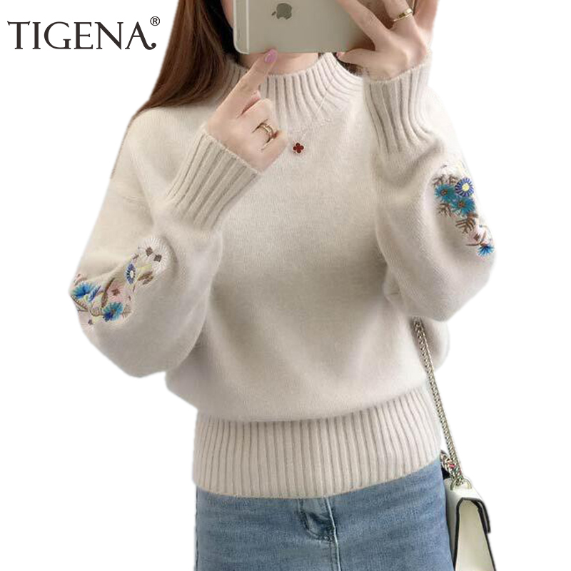 

TIGENA 2019 Winter Thick Warm Beautiful Embroidery Turtleneck Sweater Women Long Sleeve Knit Pullover Sweater Female Pull Femme, Blue