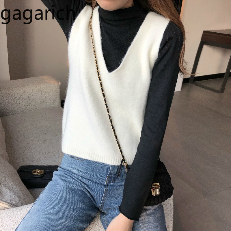 

Gagarich Vintage Ladies Sweater Vests Autumn Winter Solid V-neck Knitting Short Waistcoat Women Korean Loose Tops Female Chic, Blue