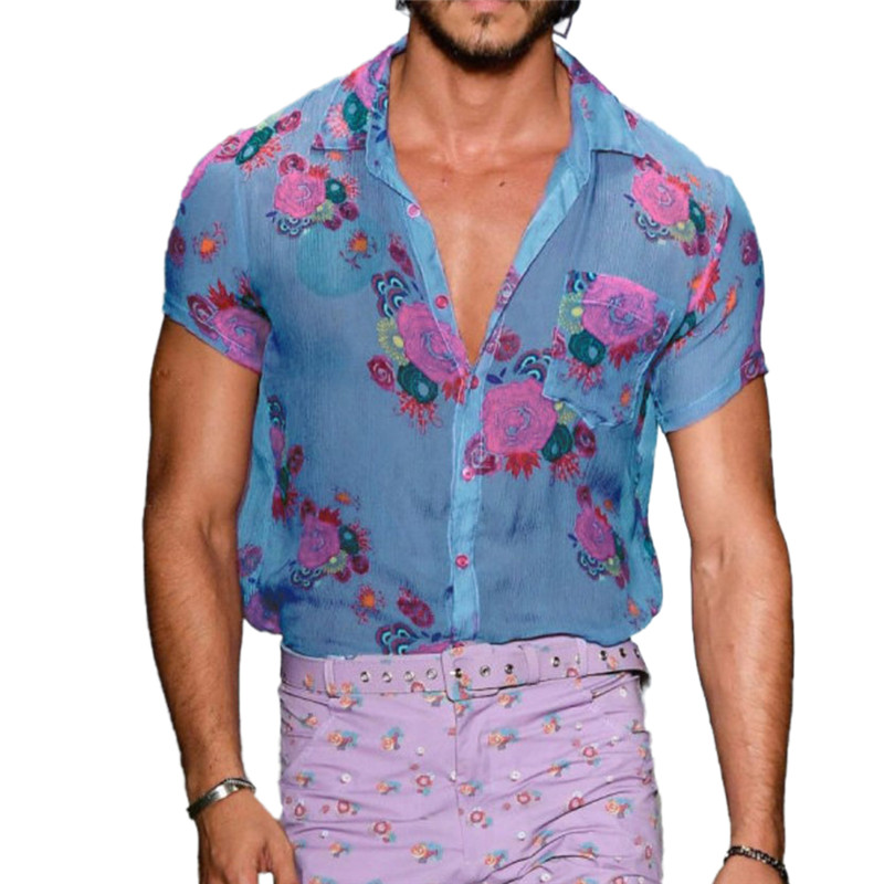 

Men Shirt 2020 Sexy See-Through Lapel Top Loose Flower Printed Short Sleeve Buttons Breathable Shirt for Male, Blue