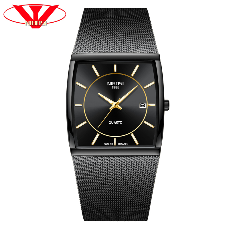 

cwp 2021 NIBOSI Creative Brand Luxury Mens Square Quartz Watches Male Waterproof Date Clock Stainless Steel Mesh Business Men Wrist Watch, Khaki