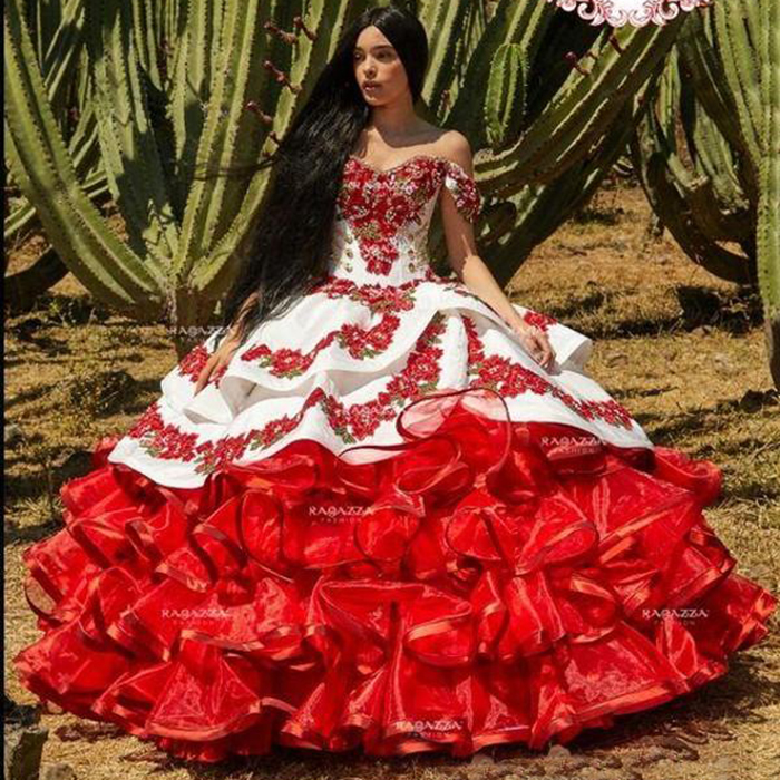 

Ruffled Floral Charro Quinceanera Dresses 2020 Off Shoulder Puffy Skirt Lace Embroidery Princess Sweet 16 Girls Masquerade Prom Dress, Red