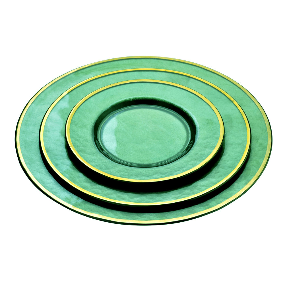 

Gold Rim Green Glass Charger Plates Dishes Creative Cold Grain Modeled Glassware Dining Table Decor Wedding Supplies HotPink Blue Black
