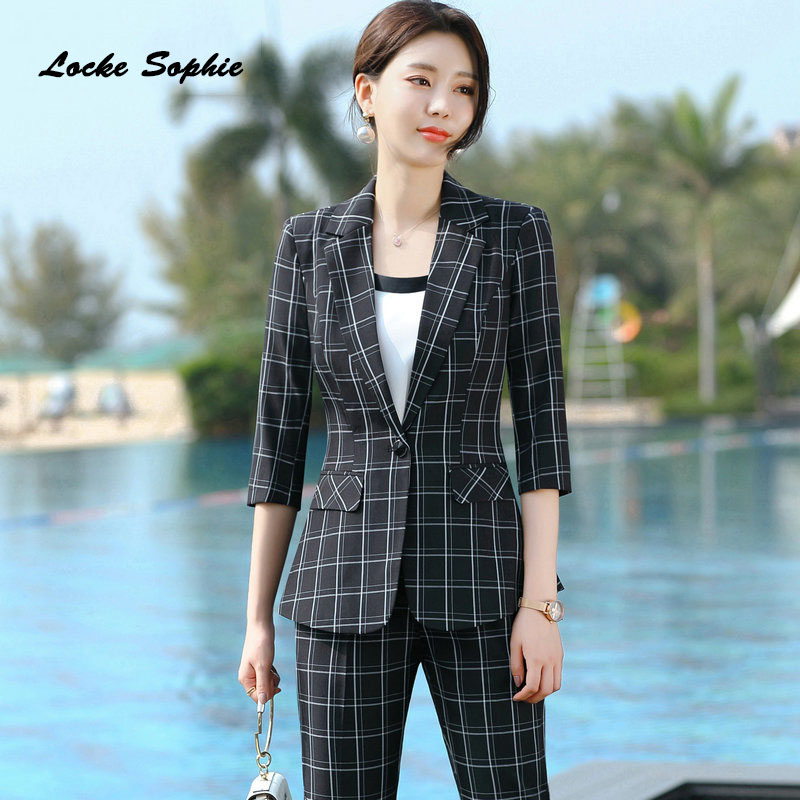 

1pcs Womens plus size Blazers coats 2020 Spring Cotton blend plaid Splicing Slim fit jackets ladies Skinny Small Blazers Suits, Black