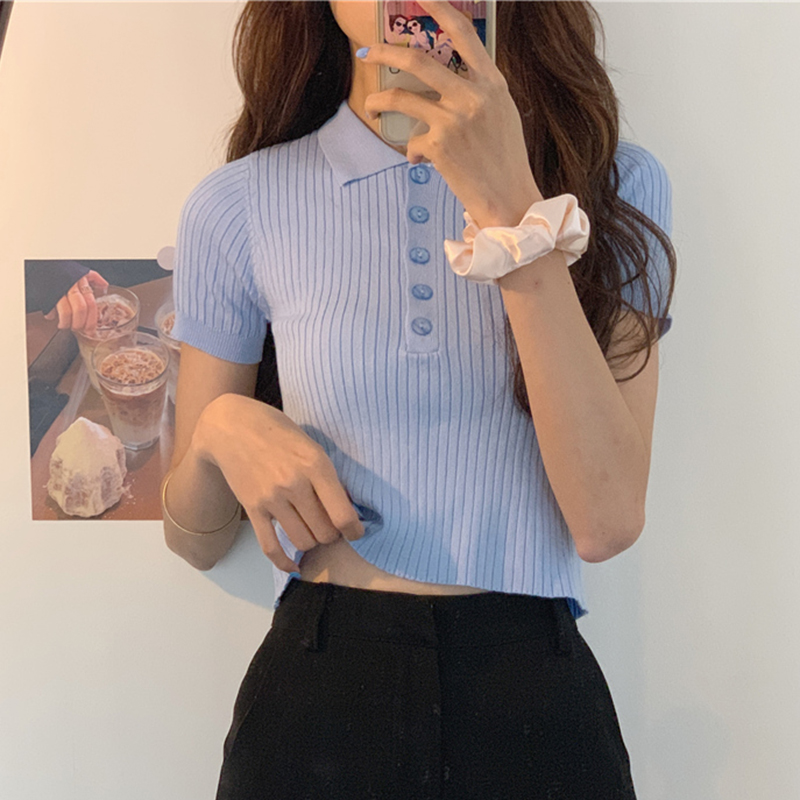 

Striped Summer Knitted Tshirts Women Korean Slim Turn Down Collar Short Sleeve Buttons Slim Cropped Tops Vintage Shirts W789, Blue