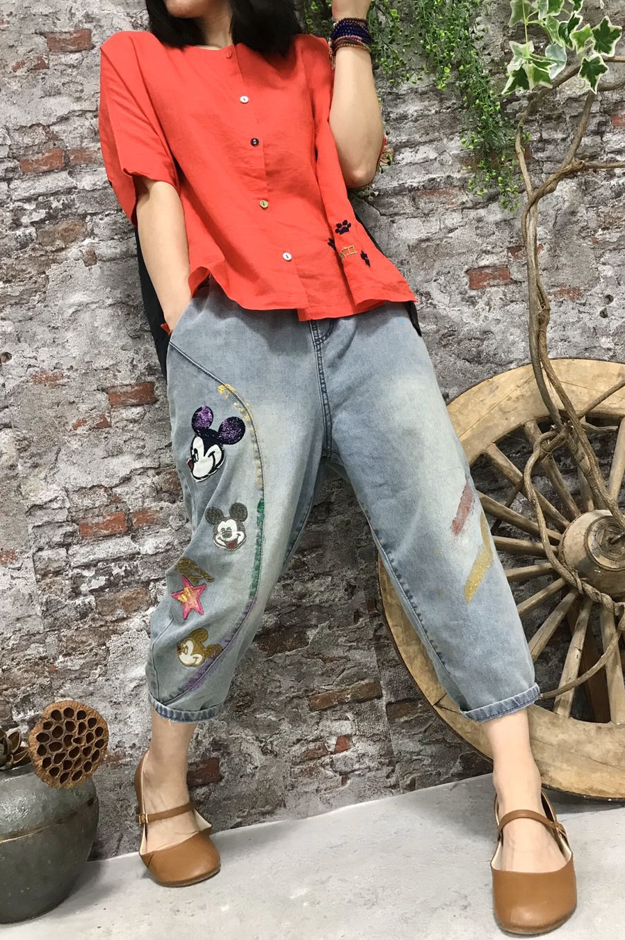 

Blueberries Cartoon Painting Patch Embroidered Elastic Waist Bigger Sizes Female Jeans Bk4678, Blueberry