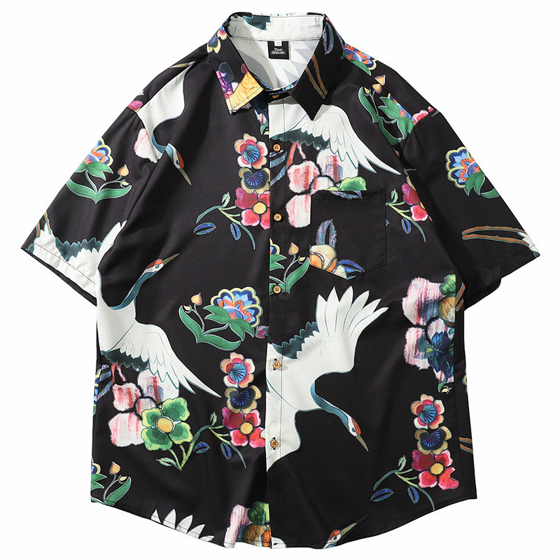 

Januarysnow Hip Hop Shirt Streetwear Mens Hawaiian Shirt Chinese Painting Crane Harajuku Summer Beach Shirt Hawaii Thin Short Sleeve, White