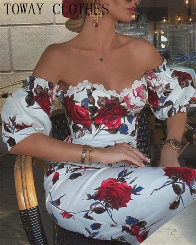 

Women Slash Neck Party Dress Short Sleeve Floral Print Lace Trim Midi Dress Bodycon Sexy Party, Women dress