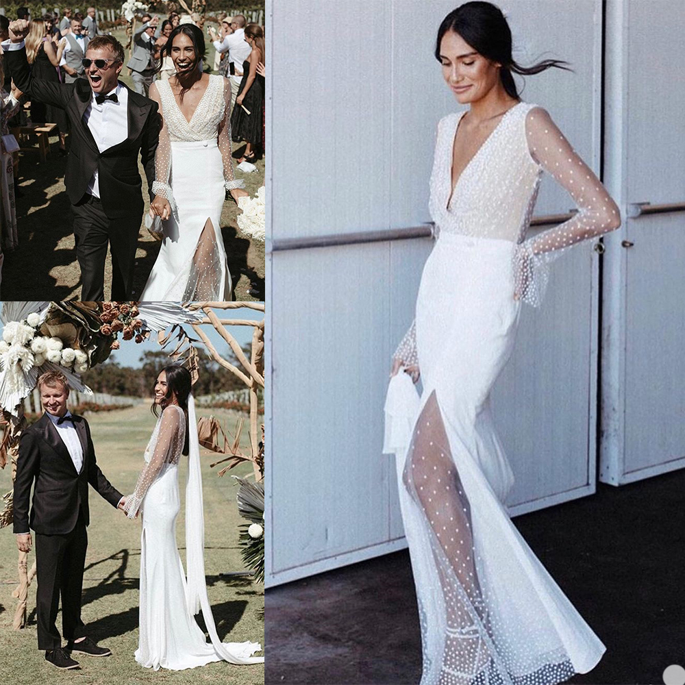 

2021 Bohemian Wedding Dresses V Neck Long Sleeves Lace Appliques Bridal Gowns Sexy High Side Split Sweep Train Mermaid Wedding Dress, Gold