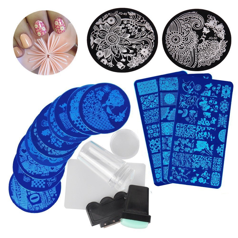 13Pcs Lace Rose Flower Forest Image Nail Plates + 2 Stamper Scraper Set Nail Art Stamping Plate Art Tools-image-480896933