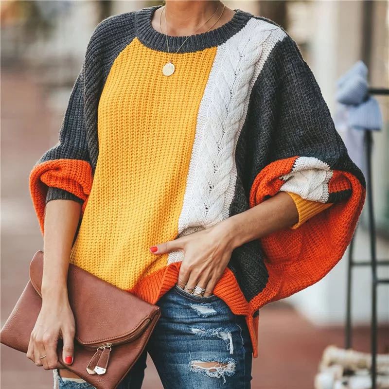 

Women's Knits winter fashion explosion models loose large size color matching female sweater temperament commuting bat sleeve pullover casual Tees, Multi