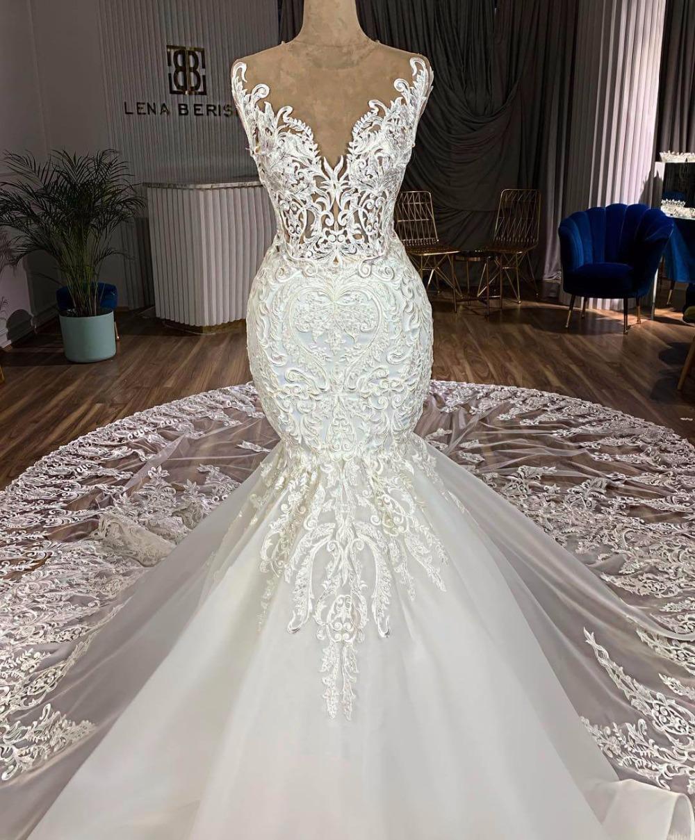 

2020 Gorgeous Mermaid Lace Wedding Dresses Appliqued Lace Cathedral Train Illusion Bridal Gowns robes de mariee Wedding Gowns Custom Made, White
