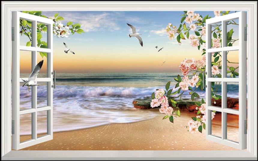 

WDBH custom photo mural 3d wallpaper Seagull flowers by the sea background home decor living room 3d wall murals wallpaper for walls 3 d, Non-woven wallpaper