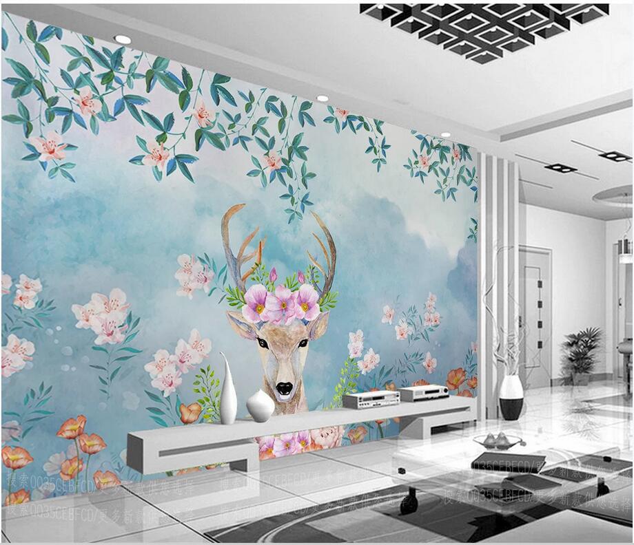 

Custom wall stickes photo Modern minimalist blue flowers cute deer wallpaper background homedecor murals wallpaper for walls 3 d, Non-woven wallpaper