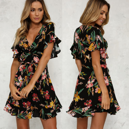 

New Fashion Women Long Boho Maxi Print Floral Dresses Casual Chiffon Printed Ruffles Butterfly Sleeve Shirt Mini Dress, Black