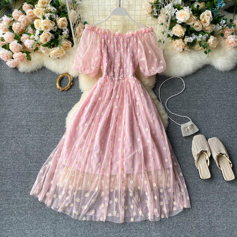 

SINGRAIN Women Mesh Ruched Dress Summer Puff Sleeve Slash Neck A Line Dress Korean Solid Embroidery Floral Midi Long, Pink