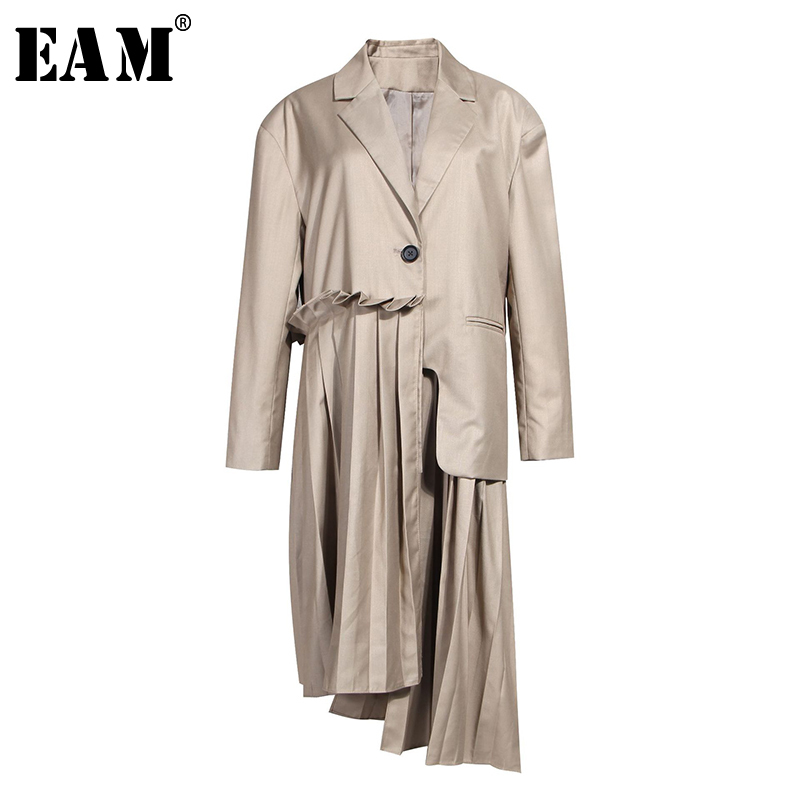 

EAM] Women Spliced Pleated Asymmetric Trench New Lapel Long Sleeve Loose Fit Windbreaker Fashion Tide Spring Autumn 2020 1A880, Black