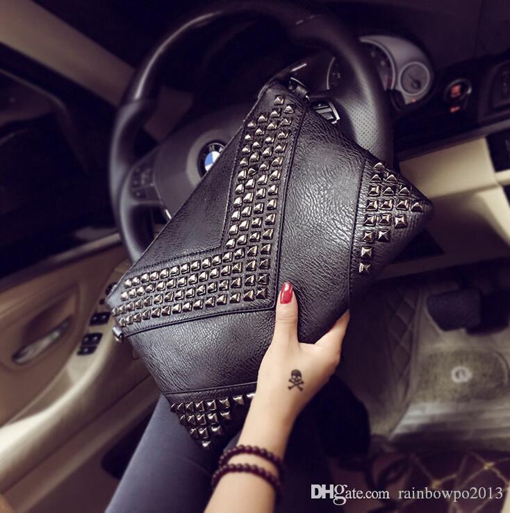 

Factory wholesale brand bag rivets envelopes trend of Korean large multi function Fashion Shoulder handbags leather rivet personality, Black-902