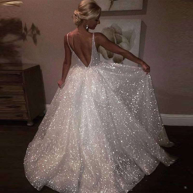 

2019 Wholesale White Sparkle Sequin Evening Dresses Deep V Neck Sexy Low Back Long Prom Dress Cheap Pageant Gowns Special Occasion Wear, Yellow