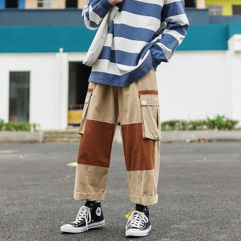 

Men Harajuku Japanese Streetwear Harem Pants 2020 Overalls Mens Vintage Striaght Cargo Pants Khaki Patchwork Sweatpants