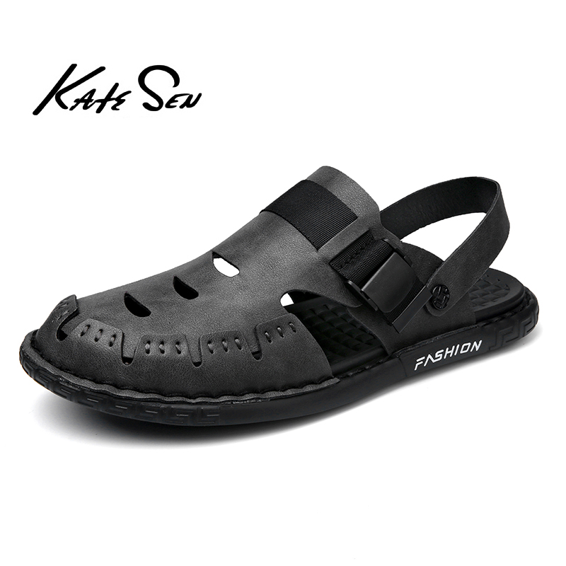 

KATESEN 2020 New Big Size Genuine Leather Men Sandals Summer Quality Beach Slippers Casual Sneakers Outdoor Beach Shoes 38-46, Black sandals