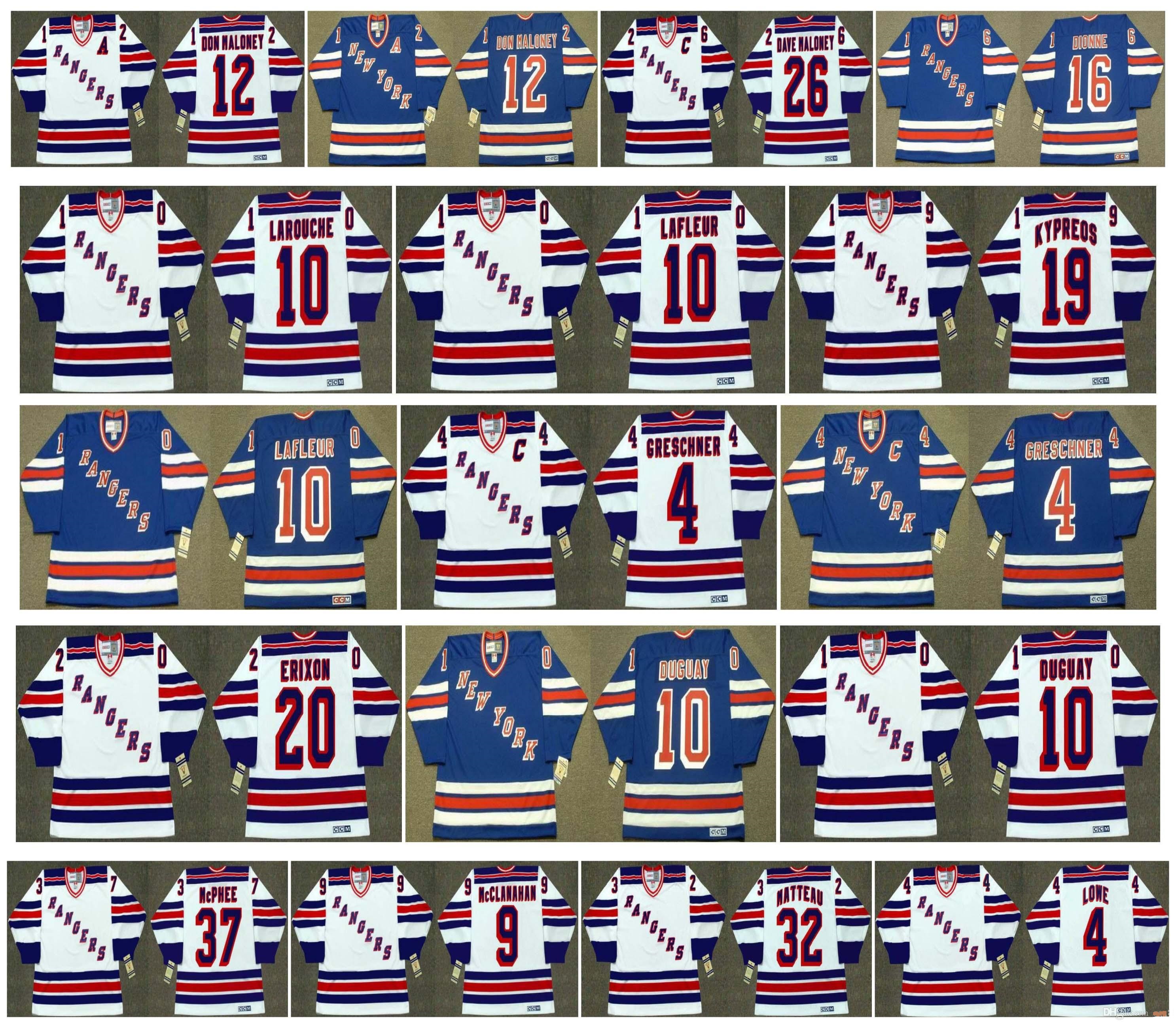 

Vintage New York Rangers Jersey 26 DAVE MALONEY 16 Marcel Dionne 37 GEORGE McPHEE 9 ROB McCLANAHAN 32 STEPHANE MATTEAU 4 Kevin Lowe Hockey, Colour 3