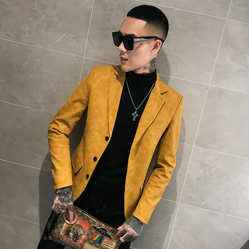 

New Fall Leather Suit Jackets Mens Yellow Leather Blazers Mens Suit Slim Fit Social Club Outfit Designer fashion Stage Wear, Black