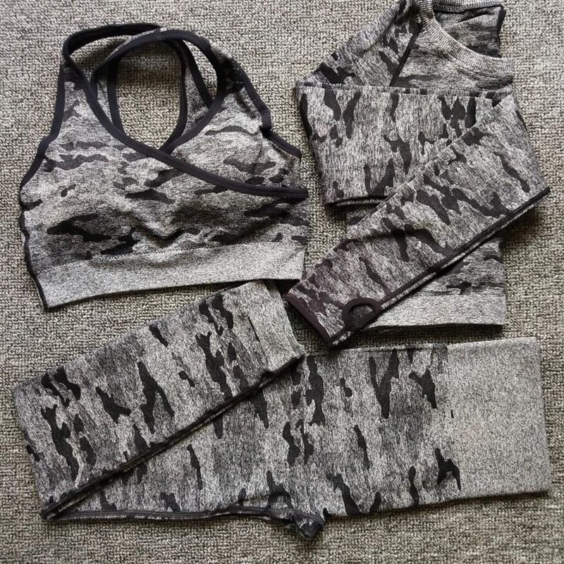 

Yoga Set Women Seamless Camouflage Long sleeves Tops Shirt High Waist Leggings Fitness Sport GYM Camo Suits Tight Workout pants, Gray