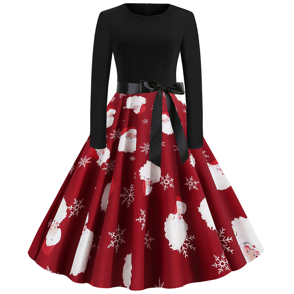 

Autumn Stretch Party Christmas Print Ladies Soft High Waist Midi Elegant Women Dress Round Neck Vintage Long Sleeve With Belt, 0883