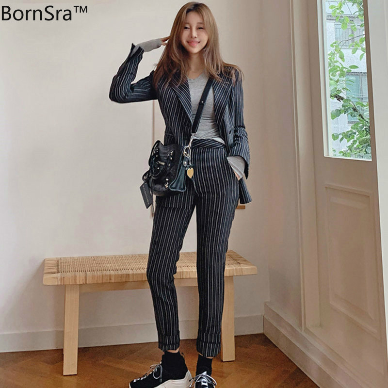 

BornSra Vintage Striped Women Pant Suit Jacket & High Waist Pencil Pant Female Blazer Set Office Wear Women Suits