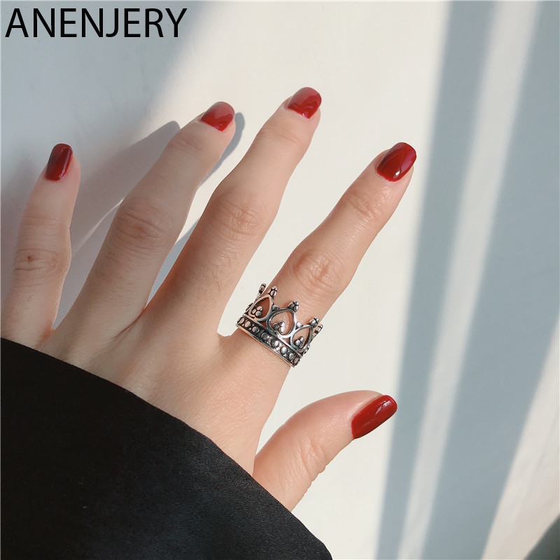 

ANENJERY Simple Retro CrownThai Silver Ring 925 Sterling Silver Opening Rings For Women Jewelry Gifts S-R619