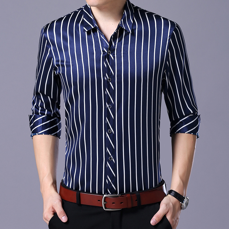 

Men 92% Silk Shirt Business Casual Stripes Silk Thin Long Sleeved Shirt, Black