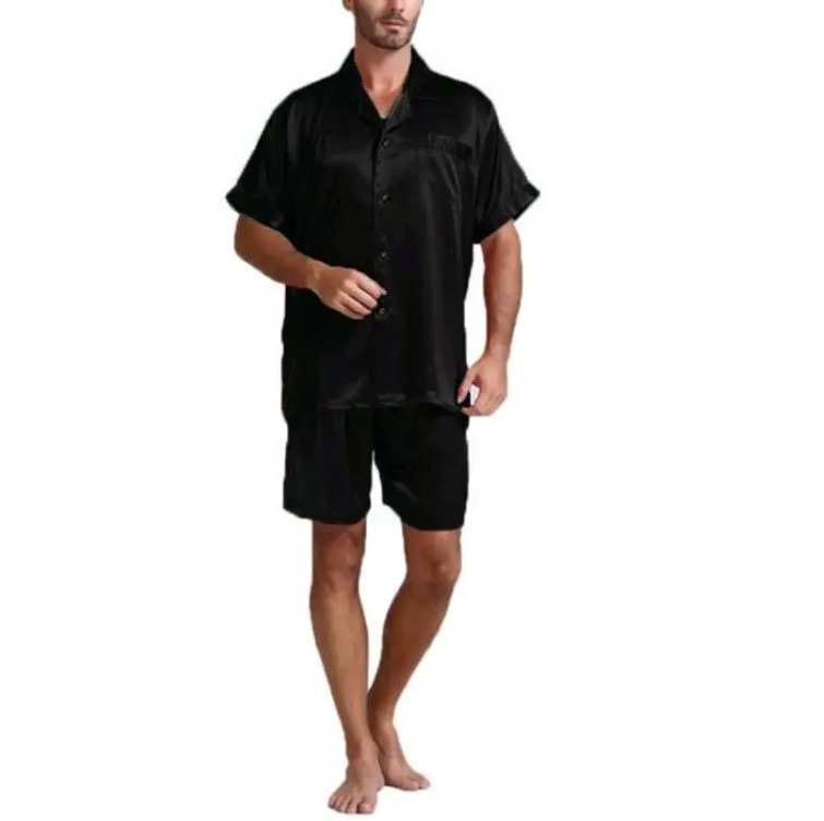 

Fashion Men Silk Satin Pajamas Sets Soft Sleepwear Silk Short Sleeve Tops Shorts Men Pajama Homewear Suits Summer Plus Size 5XL, Black