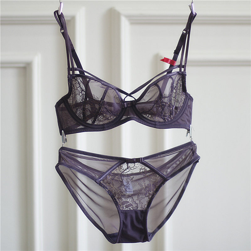 

romantic embroidery transparent women sexy bra and panty set ultrathin cup bras big size underwear sets fashion ladies lingerie, Purple