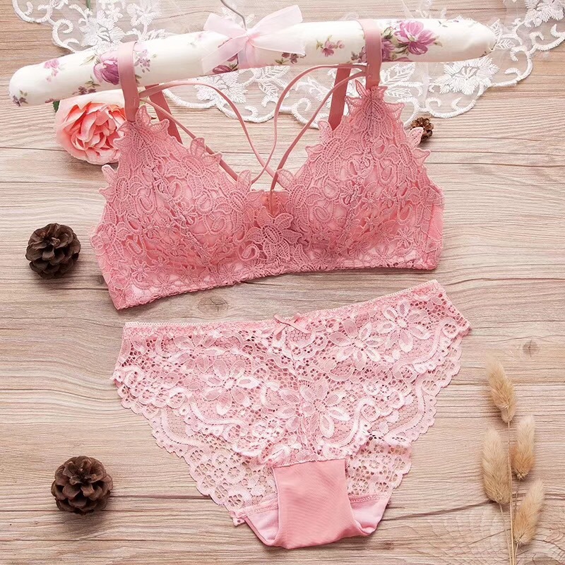 

Embroidery Bralette Wireless Breathable Sexy Lace Bra Sets Women Seamless Underwear Lingerie Briefs Set, Pink