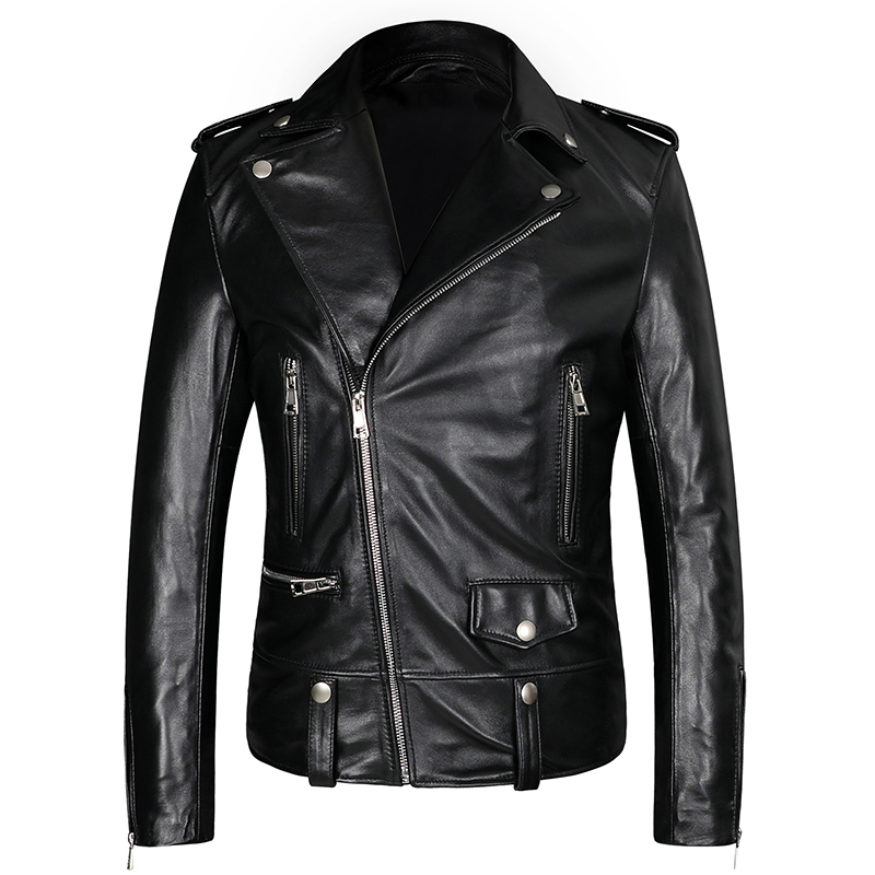

Mens Black Sheepskin Leather Classic Biker Motorcycle Jackets Spring Autumn Lapel Genuine Leather Jackets Zipper Punk Coat