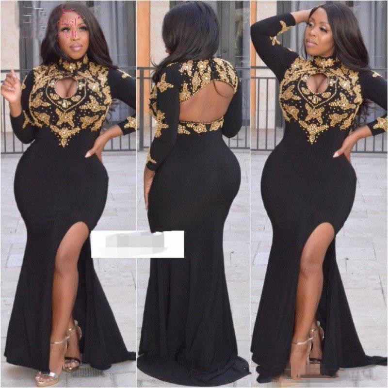 Plus Size Sexy Formal Dress 2022 Long Sleeves Dubai Prom Gowns Mermaid Gold Beadings Black Open Bust High Neck Evening Dresses-image-525302301