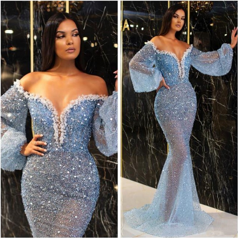 

2020 Arabic Aso Ebi Major Beaded Sparkly Sexy Evening Dresses equined Mermaid Prom Dresses Long Sleeves Formal cocktail party dresses, Silver