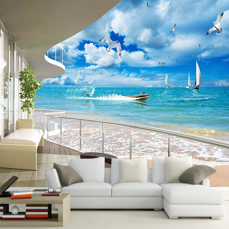 

5D space large mural wallpaper resort balcony sunny seaside landscape for living room dining room hallway thick non-woven type, As show