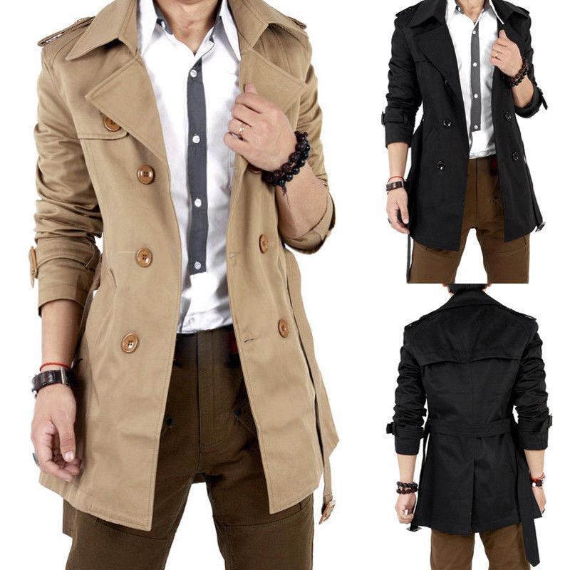 

Autumn Men Trench Windbreaker Long Solid Color Jacket with Double-breasted Buttons Lapel Collar Coat Male Clothes 2019, Khaki
