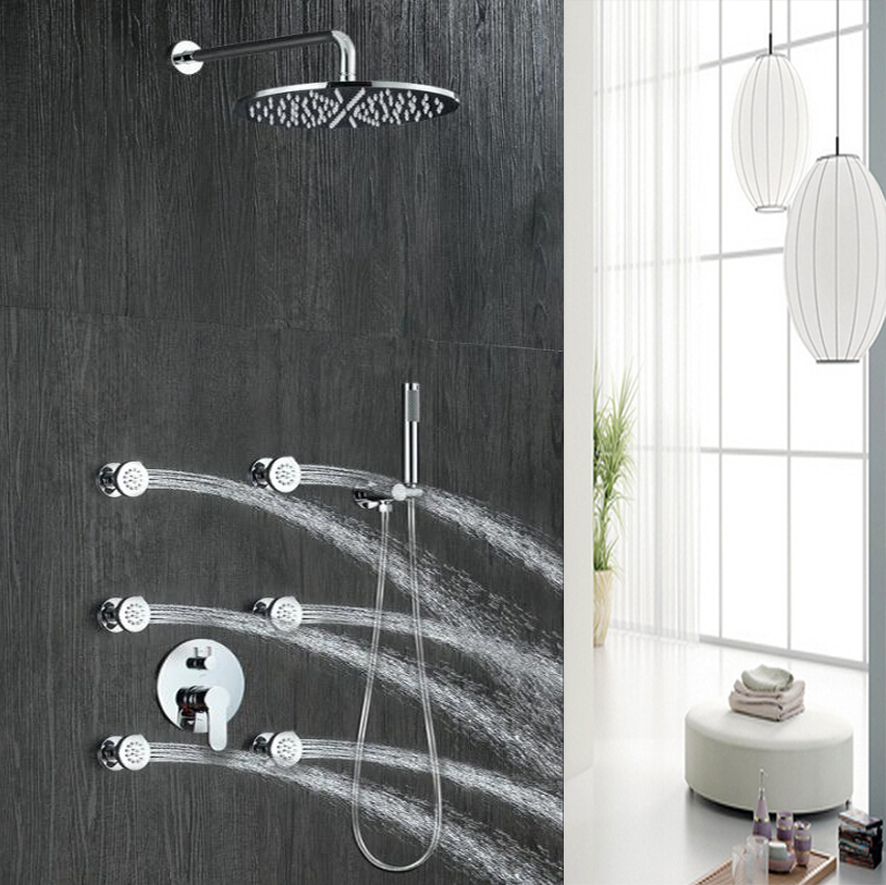

bathroom 3 functions complete set Shower chrome Shower Head Brass embeded box Mixer and Hand Shower 6 Body Jets