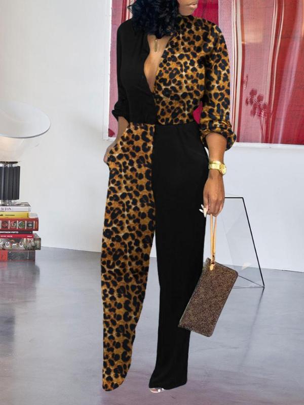 

Women Fashion Colorblock Insert Leopard Three Quarters Sleeve Jumpsuit