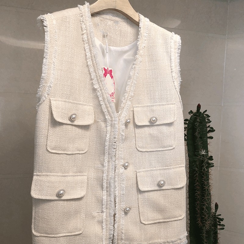 

Sleeveless Single Breasted V-Neck Womens Tweed Waistcoats Top Quality Korean Thin Pockets Fashion Ladies Loose Vests Streetwear, Pink