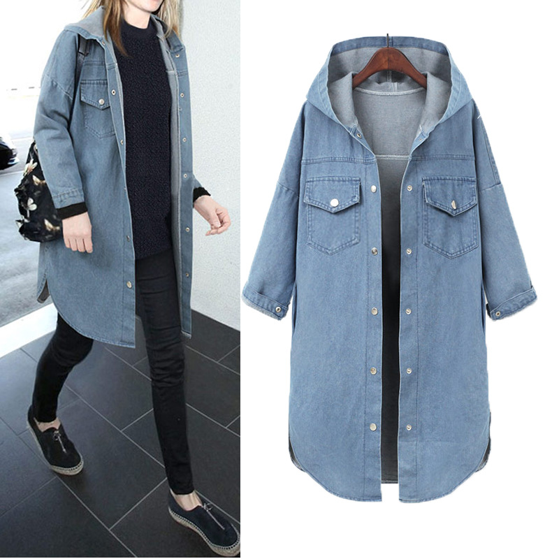 

Hooded Long Womens Denim Jacket Plus Size Blue Jeans Outerwear Windbreaker Oversized Fall 2020 Autumn Loose Streetwear coat 0178, Sky blue