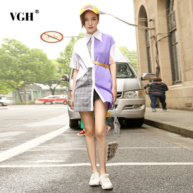 

VGH Spring Women Sweet Short Patchwork Blouse Lapel Bandage Button Slim Hem Fashion Women' Clothing Top Of 2019 New, Multi