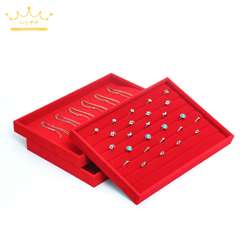 

Red Velvet Jewelry Display Tray Necklace Pendant Ring Storage Box Earrings Trinkets Jewelry Props Tray 35x24x3cm